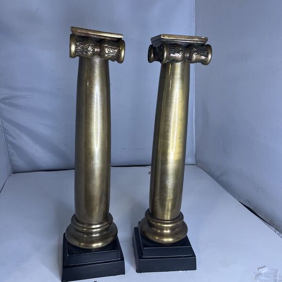 Vintage Pair of Brass Column Candlestick Holder 15” Tall MCM Very Heavy - Picture 3 of 11